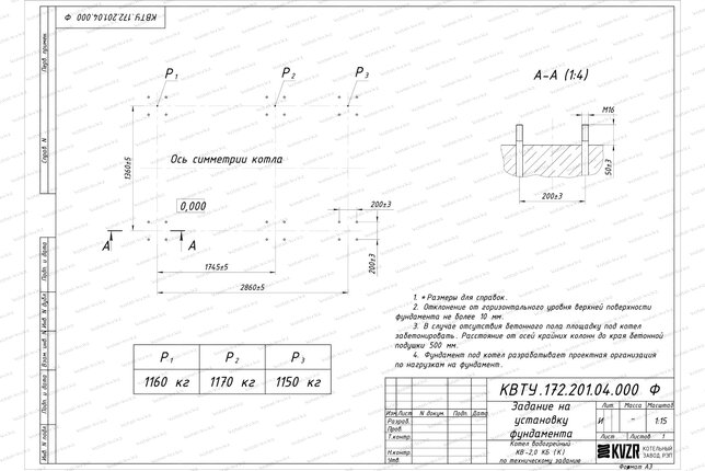 Чертеж изготовления фундамента котла КВр 2.0 с колосниками